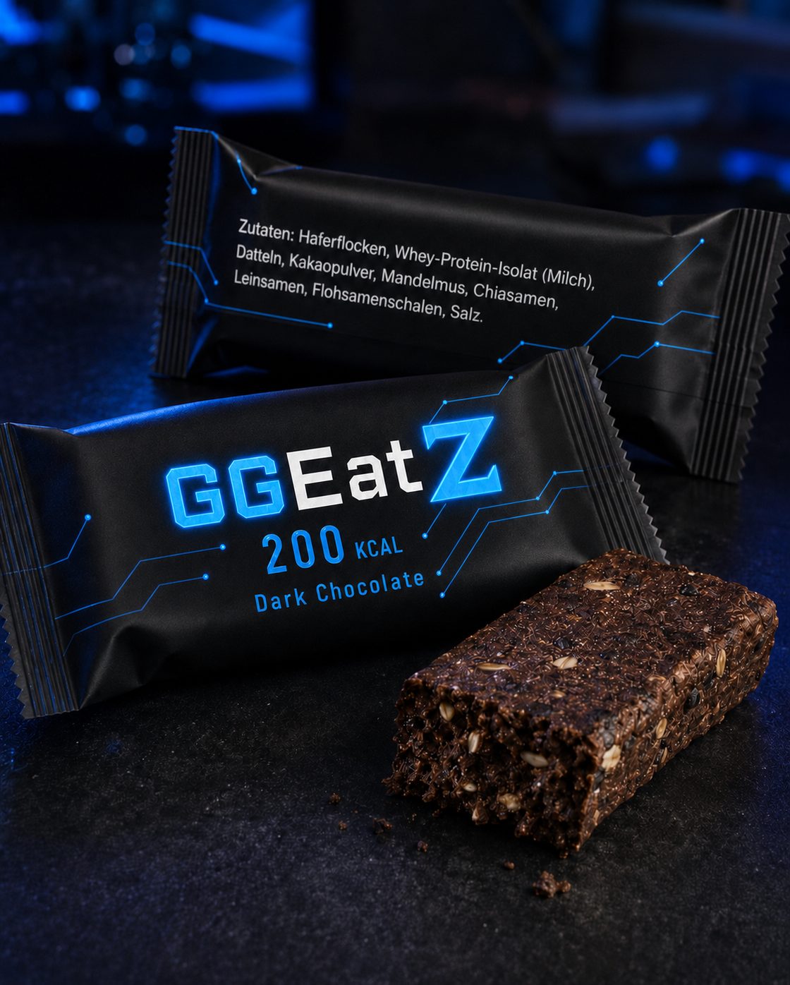 GGEatz Dark Chocolate Riegel im 200-kcal-Format als KI-generiertes Konzeptvisual