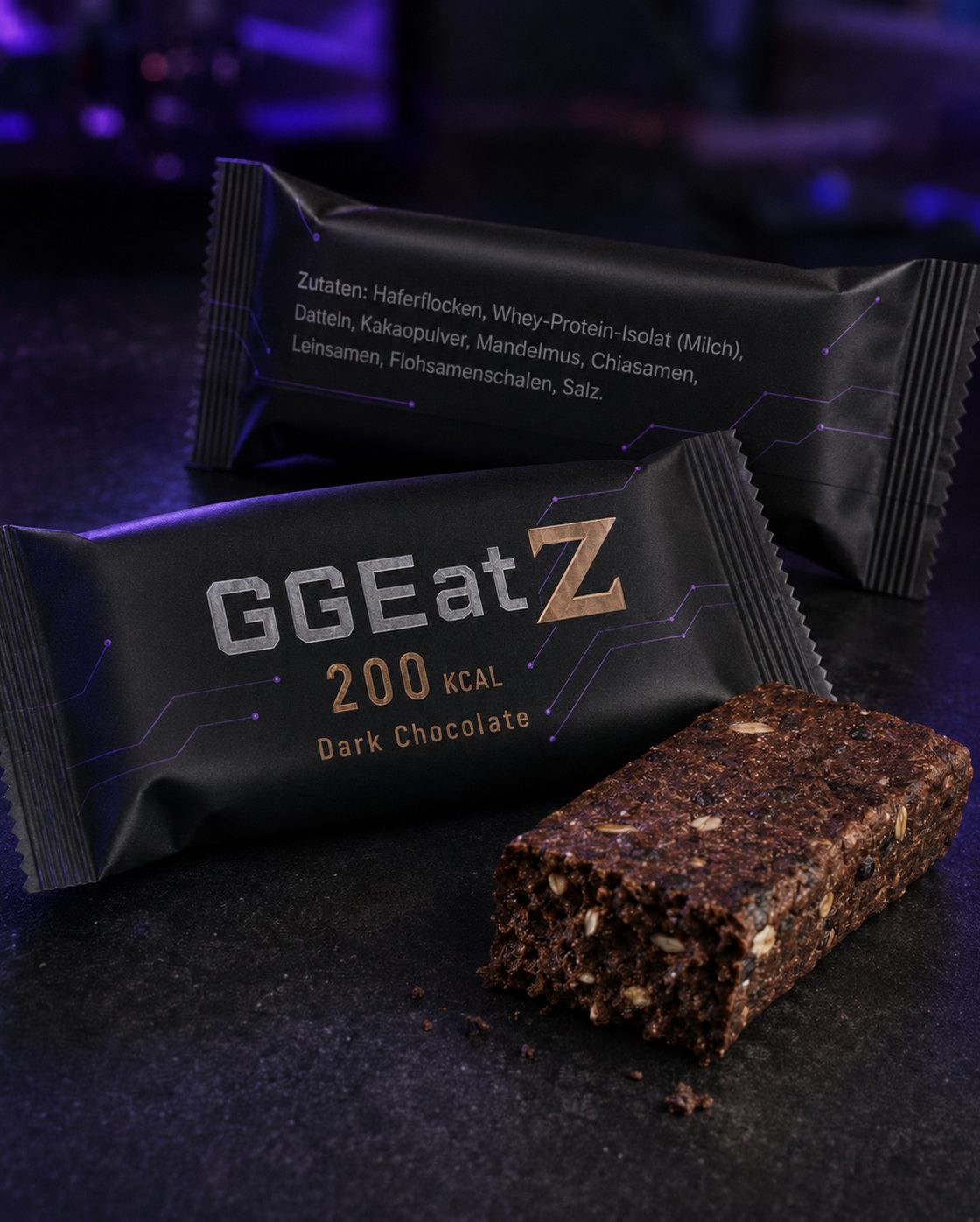 GGEatz Dark Chocolate Riegel als KI-generiertes Konzeptvisual